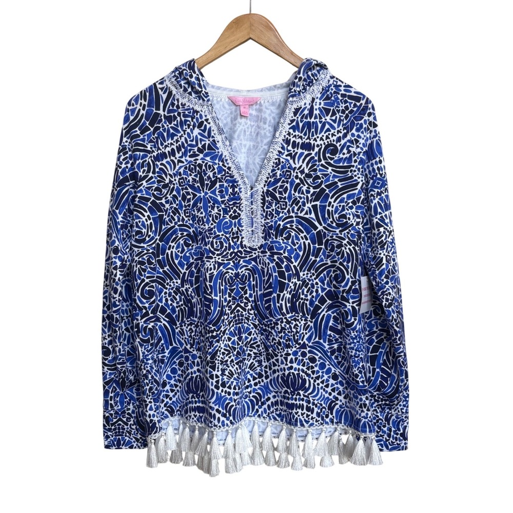Lilly Pulitzer UPF 50+ Chilly Lilly Tassel Hoodie Top Blue Mosaic Medium